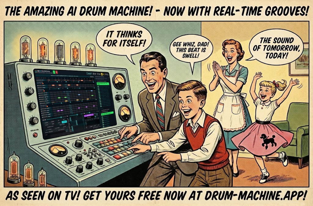 Illustration showing SEQ-16 as a modern browser-based drum machine for AI-assisted rhythm creation.
